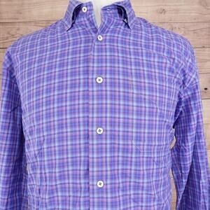 David Donahue Shirt Mens XL Purple Blue Plaid Long Sleeve Button Front Cotton